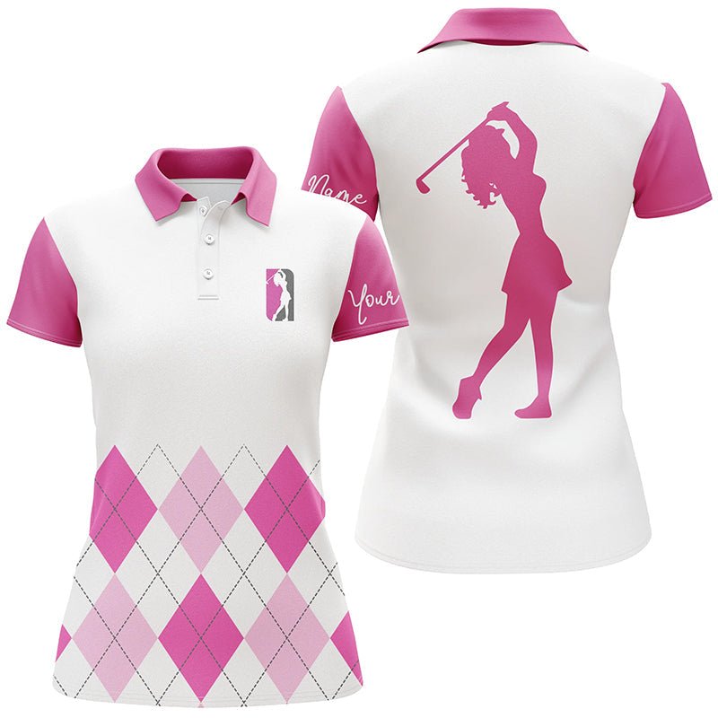 Damen Golf Polo Shirt in Pink mit individuellem Argyle-Muster, Golfoberteil für Damen N5238 - Climcat