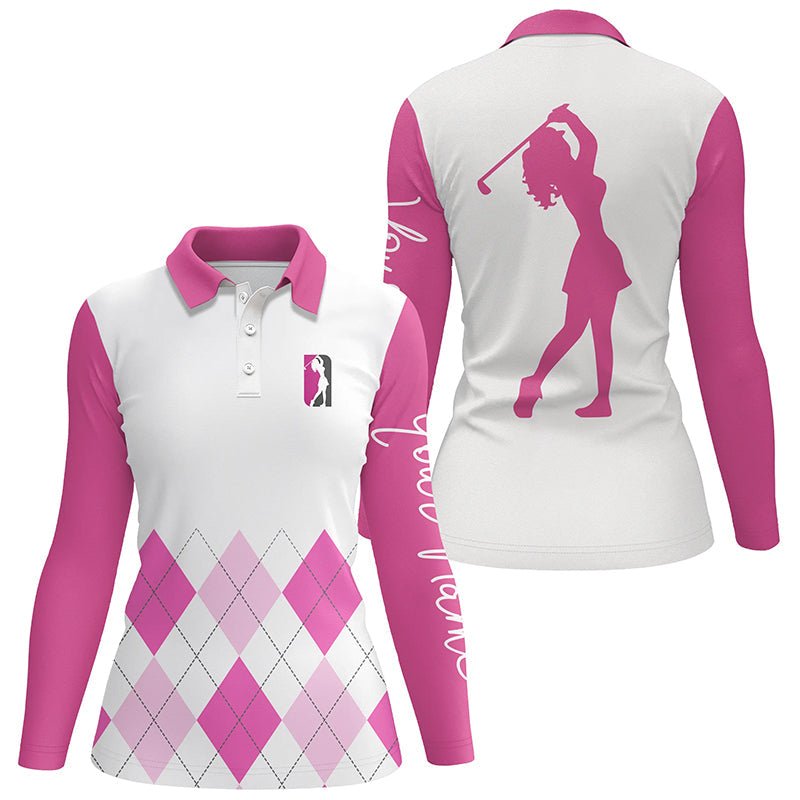 Damen Golf Polo Shirt in Pink mit individuellem Argyle-Muster, Golfoberteil für Damen N5238 - Climcat