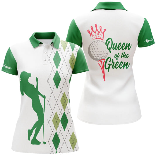 Damen Golf Polo Shirt Königin des Grüns, individuelles Argyle-Karo Weiß-Grünes Golfshirt für Damen N4894 - Climcat