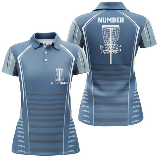 Damen Golf Polo Shirt mit blauem Muster Disc Golf Korb, personalisiertes Disc Golf Outfit N7249 - Climcat