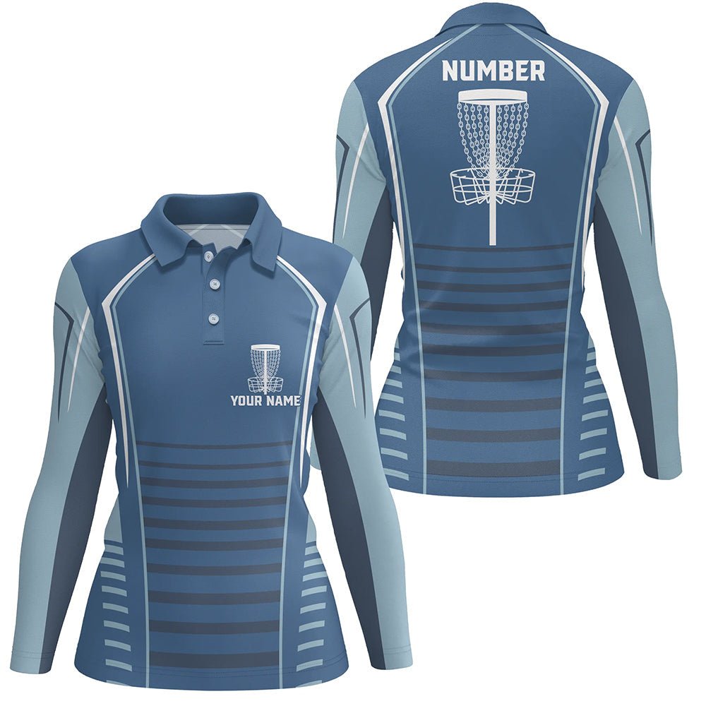 Damen Golf Polo Shirt mit blauem Muster Disc Golf Korb, personalisiertes Disc Golf Outfit N7249 - Climcat