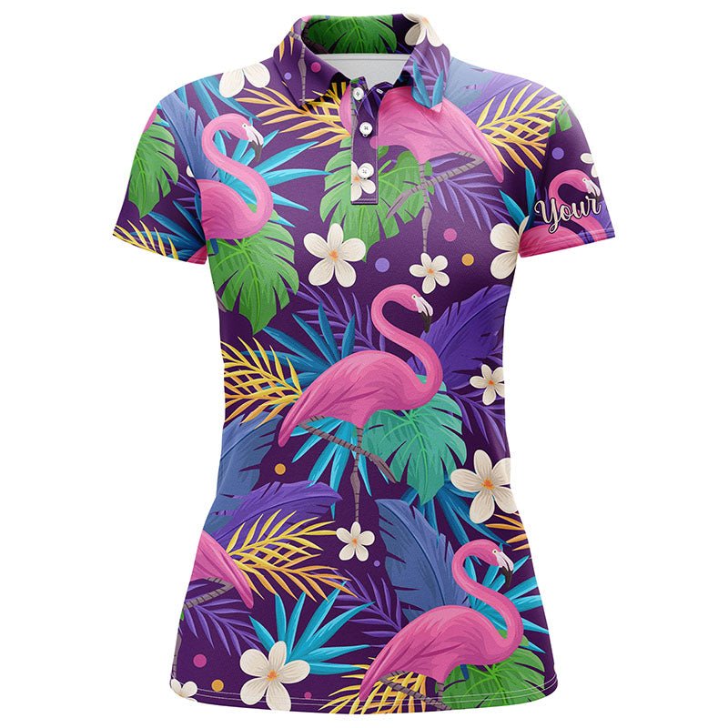 Damen Golf Polo Shirt mit buntem Blumen- und Flamingo-Muster sowie tropischen Blättern - Personalisierte Team Golf Polo Shirts N3897 - Climcat