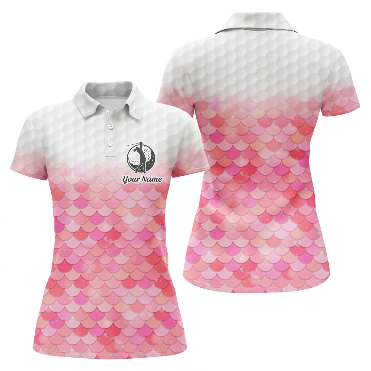 Damen Golf Polo Shirt mit funkelnden rosa Meerjungfrauenschuppen, individuellem Namensmuster, Golfshirts für Damen, Golfoberteile N4753 - Climcat