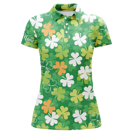 Damen Golf Polo Shirt mit grünem Kleeblattdesign und individuellem Namen | St. Patrick's Day Muster | Damen Golfshirt N4749 - Climcat