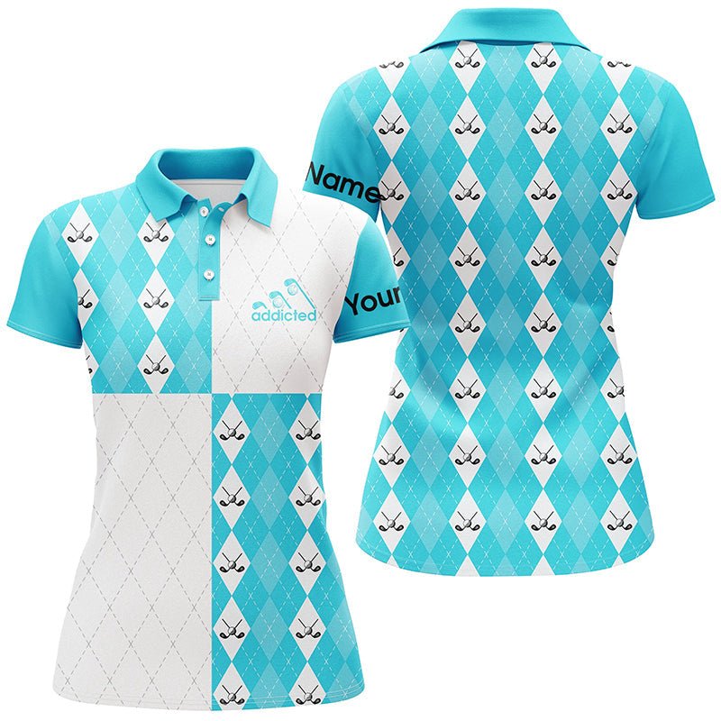 Damen Golf Polo Shirt mit individuellem Design in Cyanblau und Weiß mit Golfball-, Schläger- und Argyle-Karo-Muster N7447 - Climcat