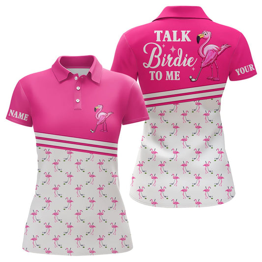 Damen Golf Polo Shirt mit individuellem Design in Pink und Weiß, Flamingo Golfshirt "Sprechen Sie Birdie mit mir" N7527 - Climcat