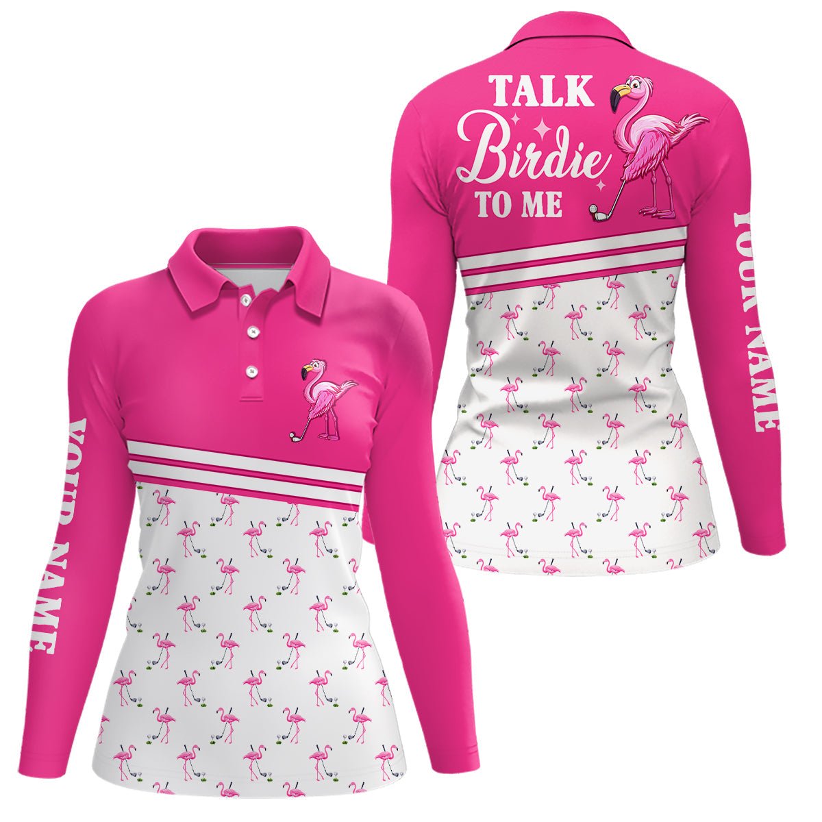 Damen Golf Polo Shirt mit individuellem Design in Pink und Weiß, Flamingo Golfshirt "Sprechen Sie Birdie mit mir" N7527 - Climcat