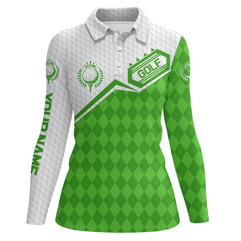 Damen Golf Polo Shirt mit individuellem grünem Argyle-Muster und weißem Golfball - Team Golfbekleidung für Damen N7438 - Climcat