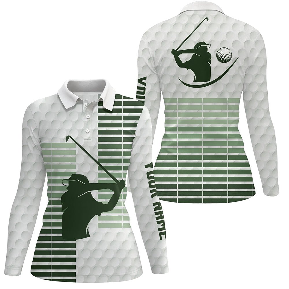 Damen Golf Polo Shirt mit individuellem grünen Streifen und weißem Golfballmuster - Damen Golfoberteile N7528 - Climcat