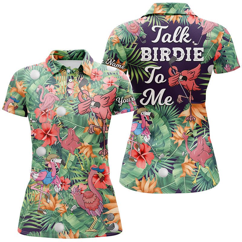 Damen Golf Polo Shirt mit individuellem grünen tropischen Blumen- und Flamingo-Muster - Sprechen Sie Birdie mit mir - N5364 - Climcat