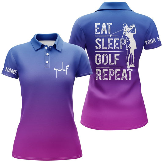 Damen Golf Polo Shirt mit individuellem Namen, Farbverlauf und Motiv "Eat Sleep Golf Repeat" - Geschenk für Golfliebhaber N4388 - Climcat