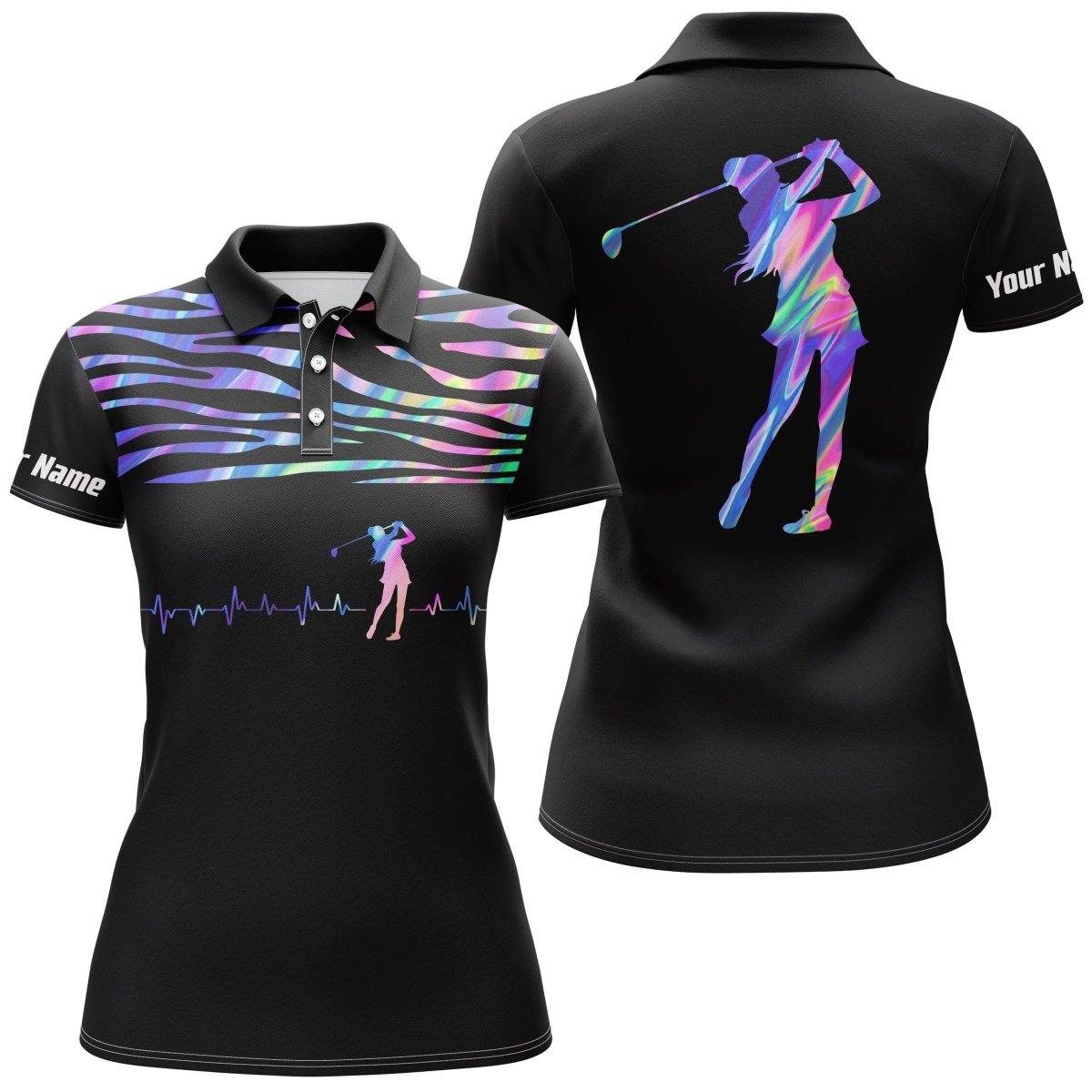 Damen Golf Polo-Shirt mit individuellem Namen und Golf Heart Beat Hologramm in Schwarz N3855 - Climcat