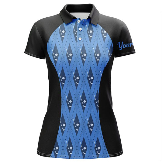 Damen Golf Polo Shirt mit individuellem schwarz-blauem Argyle-Muster für Golfclubs, Team Damen Golf Oberteile N7313 - Climcat