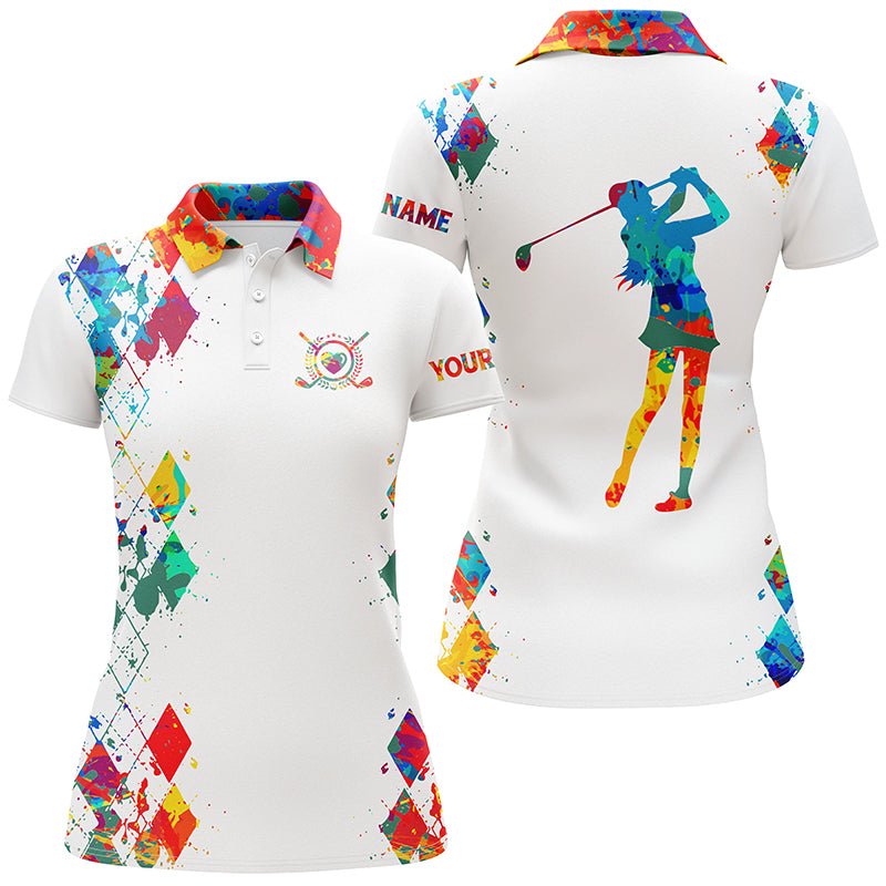 Damen Golf Polo Shirt mit Wasserfarben und individuellem Namen, weißes Golfshirt, Golfgeschenke N3707 - Climcat