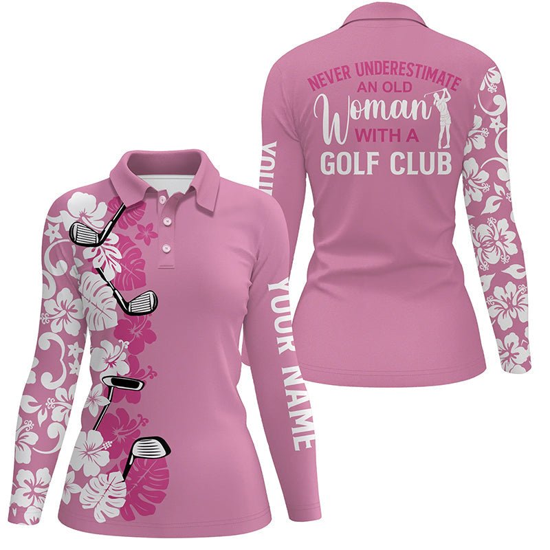 Damen Golf Polo Shirt - Personalisiertes Pinkes Tropisches Golf Club Shirt - Unterschätze niemals eine ältere Frau mit einem Golfschläger N7266 - Climcat