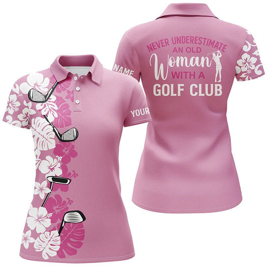 Damen Golf Polo Shirt - Personalisiertes Pinkes Tropisches Golf Club Shirt - Unterschätze niemals eine ältere Frau mit einem Golfschläger N7266 - Climcat