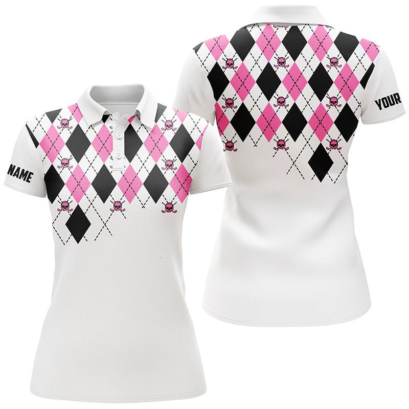 Damen Golf Polo Shirt Pink und Schwarz Argyle Karo Golf Schädel Muster Individuell Weiß Damen Golf Tops N7214 - Climcat