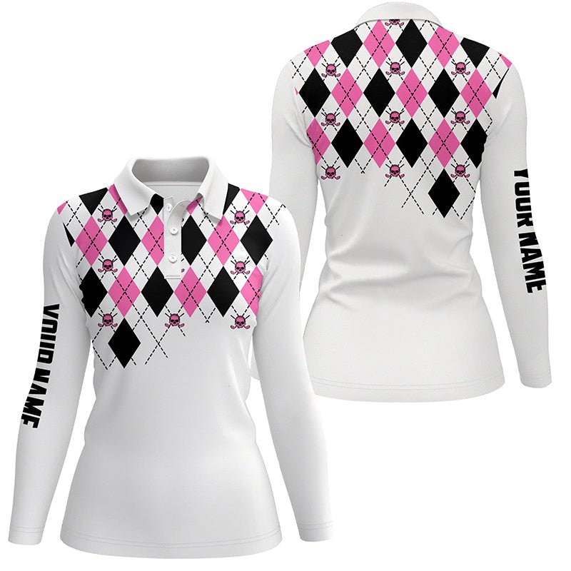 Damen Golf Polo Shirt Pink und Schwarz Argyle Karo Golf Schädel Muster Individuell Weiß Damen Golf Tops N7214 - Climcat