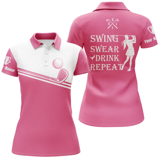 Damen Golf Polo Shirt - Schwingen, Schwitzen, Trinken, Wiederholen - Personalisierter Name - Pink Weiß - Golfbekleidung für Damen - Golfgeschenke N4884 - Climcat