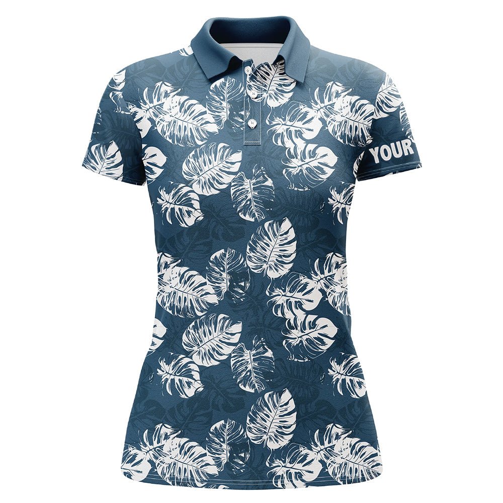 Damen Golf Polo Shirts in Blau mit individuellem tropischem Monstera-Blätter Muster - Team Damen Golf Tops N7298 - Climcat