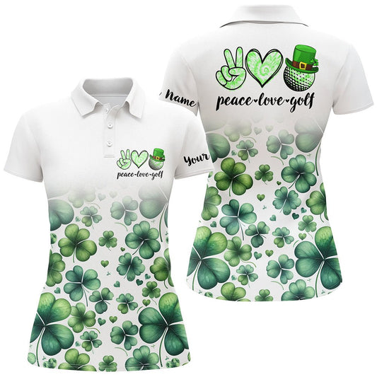 Damen Golf Polo Shirts Maßgeschneidert Grünes Kleeblatt St. Patrick's Day Frieden Liebe Golf, Damen Golf Tops N7182 - Climcat