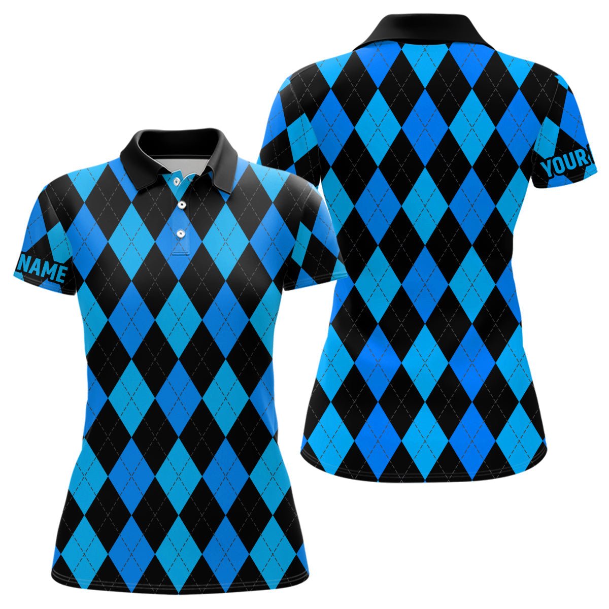 Damen Golf Polo Shirts Maßgeschneidertes Blau und Schwarzes Argyle-Karo-Muster Golfbekleidung für Damen N7185 - Climcat