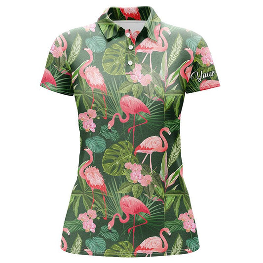 Damen Golf Polo Shirts mit Flamingo-Grünem tropischem Palmblattmuster - Personalisierter Team Golf Polo Shirt mit individuellem Namen N4780 - Climcat