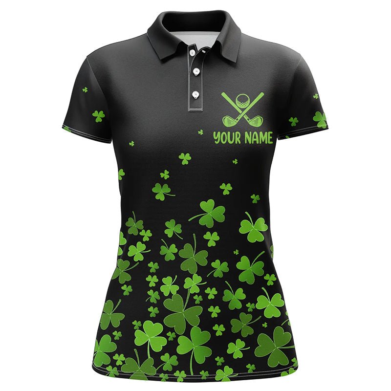 Damen Golf Polo Shirts mit individuellem grünen Kleeblattmuster für den St. Patrick's Day - Schwarzes Muster Golf Polo Shirt N7183 - Climcat