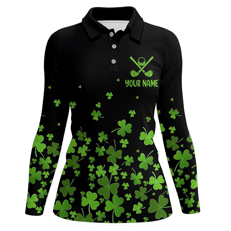 Damen Golf Polo Shirts mit individuellem grünen Kleeblattmuster für den St. Patrick's Day - Schwarzes Muster Golf Polo Shirt N7183 - Climcat