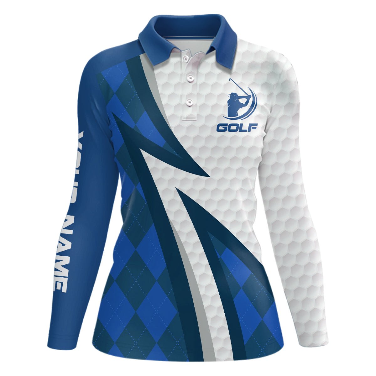 Damen Golf Polo Shirts mit individuellem Namen Blau Argyle Muster Weiß Golfball Haut Damen Golfbekleidung N7167 - Climcat