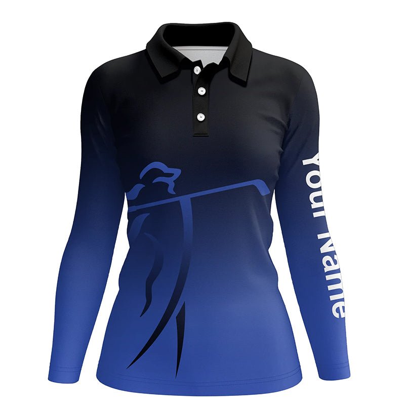 Damen Golf Polo Shirts mit individuellem Namen, blauem Farbverlauf und Golfbekleidung, die coolsten Poloshirts für Damen N7145 - Climcat