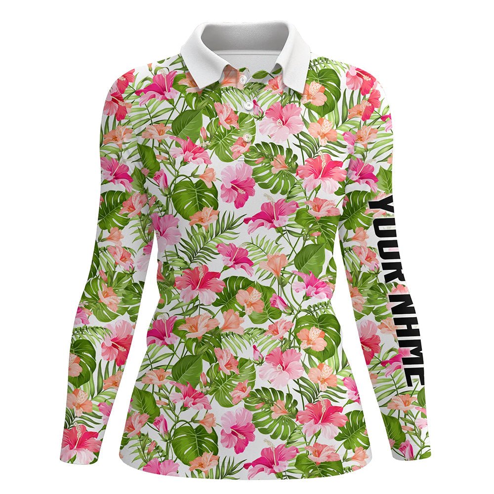 Damen Golf Polo Shirts mit individuellem Namen, blühendes Hibiskus- und Palmen-Tropenmuster, Golfoberteile für Damen N7129 - Climcat