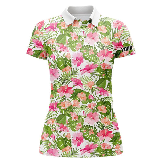 Damen Golf Polo Shirts mit individuellem Namen, blühendes Hibiskus- und Palmen-Tropenmuster, Golfoberteile für Damen N7129 - Climcat