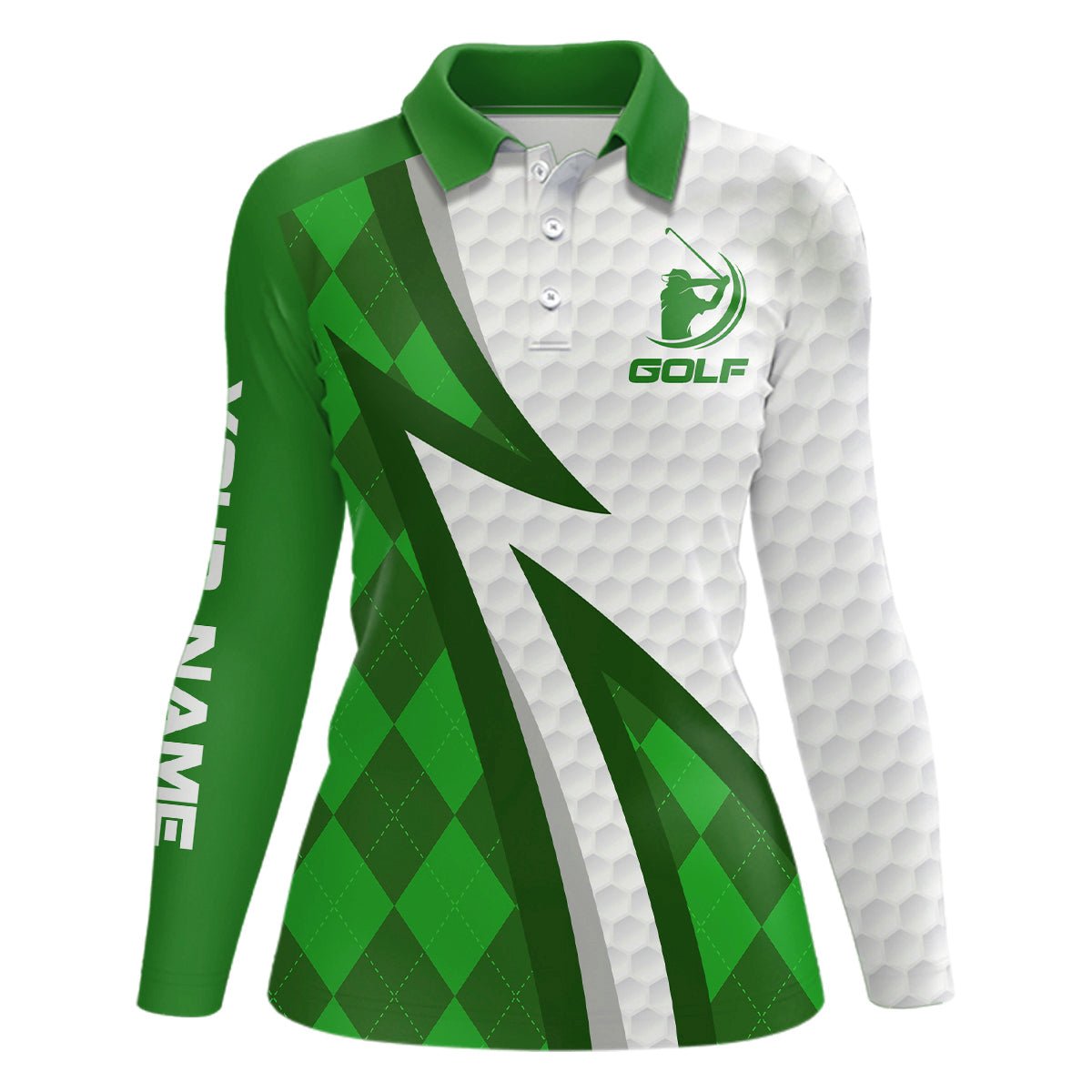 Damen Golf Polo Shirts mit individuellem Namen, grünem Argyle-Muster und weißem Golfball-Design - Damen Golfbekleidung N7168 - Climcat