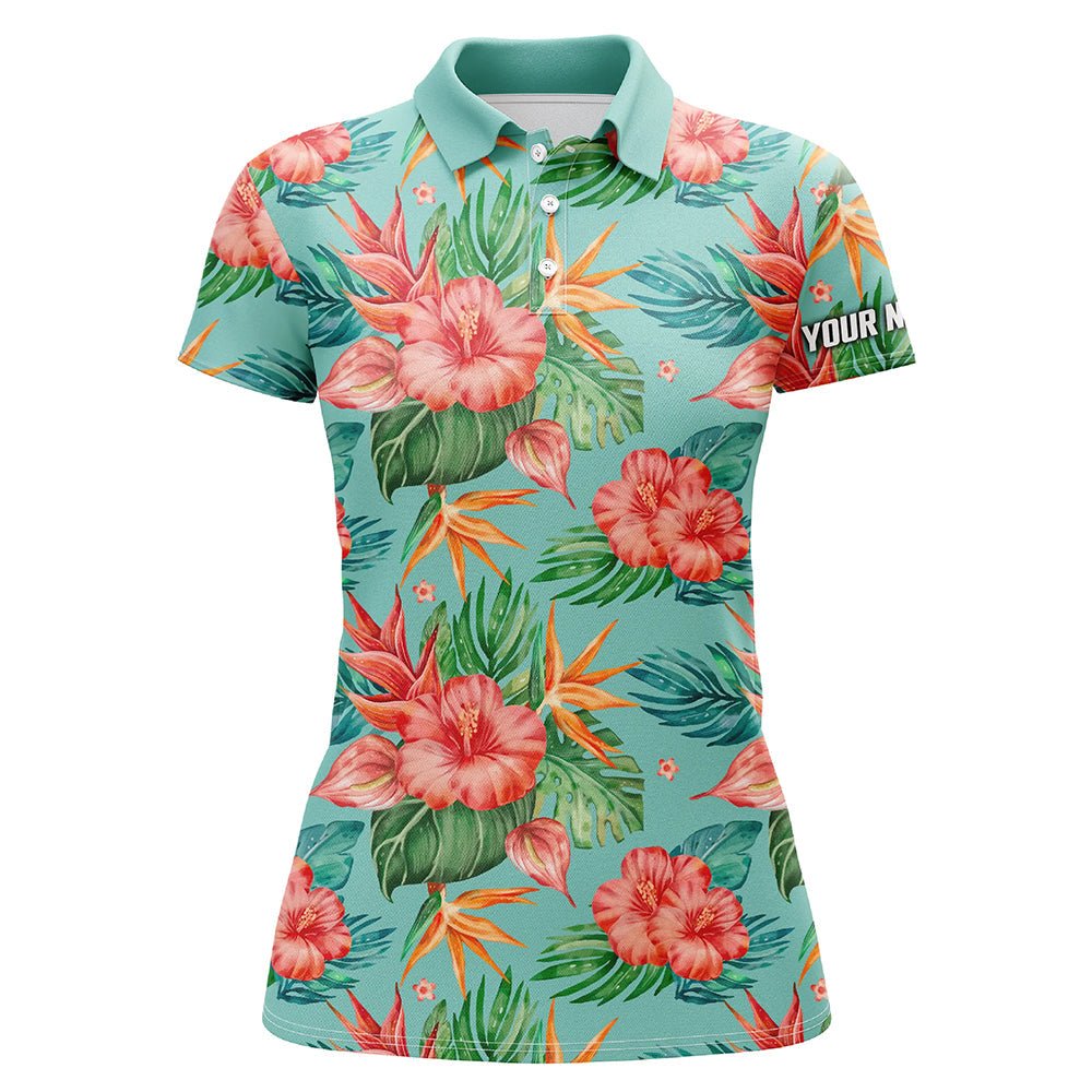 Damen Golf Polo Shirts mit individuellem Namen, grünem tropischem Blumenmuster Hibiskus, Golfoberteile für Damen N7130 - Climcat