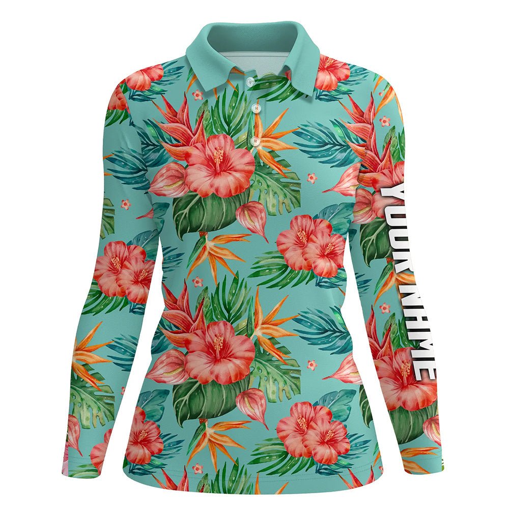 Damen Golf Polo Shirts mit individuellem Namen, grünem tropischem Blumenmuster Hibiskus, Golfoberteile für Damen N7130 - Climcat