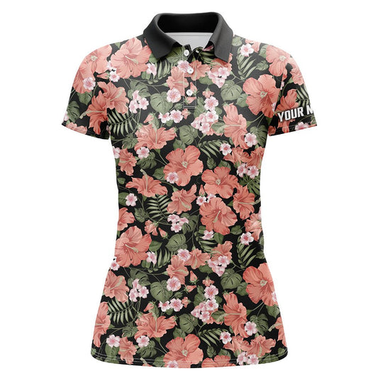 Damen Golf Polo Shirts mit individuellem Namen, Pink Hibiskus Blumenmuster, Golf Tops für Damen N7132 - Climcat