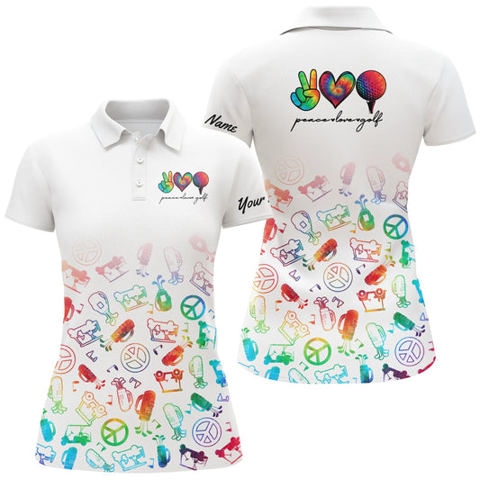 Damen Golf Polo Shirts mit individuellem Namen, Wasserfarbe Frieden Liebe Golf, personalisiertes Golfshirt für Frauen N4670 - Climcat