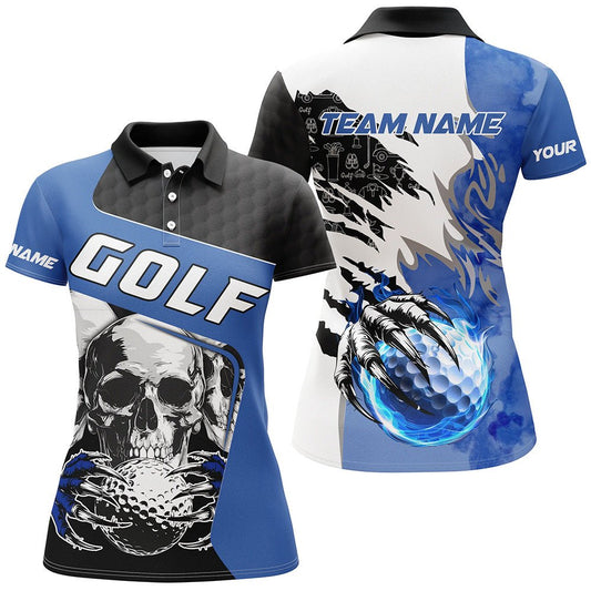 Damen Golf Polo Shirts mit individuellem Skull Golfball Feuer Golf Trikot, einzigartige Golfgeschenke | Blau N7519 - Climcat