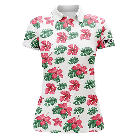 Damen Golf Polo Shirts Personalisiert mit grünem tropischem Hibiskusblumenmuster - Golfoberteile für Damen N7131 - Climcat