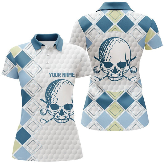 Damen Golf Poloshirts mit individuellem blauem Argyle-Muster - Weiße Golfball-Schädel - Hochwertige Golfoberteile für Damen N7203 - Climcat