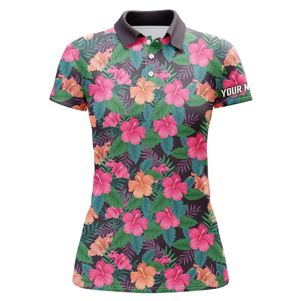 Damen Golf Poloshirts mit individuellem Namen, bunter Hibiskusblumen-Tropenmuster, Golfoberteile für Frauen N7133 - Climcat