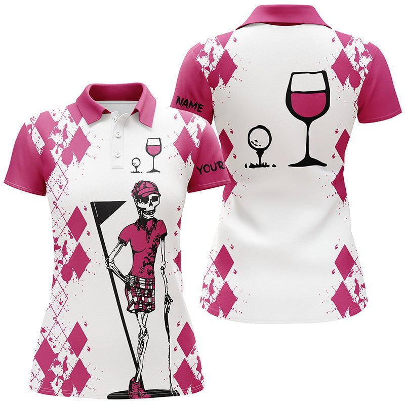 Damen Golfshirt mit Skull-Motiv in Weiß und Pink | Personalisiert mit Namen | Golf & Wein Damen Golf Polo Shirt N3451 - Climcat