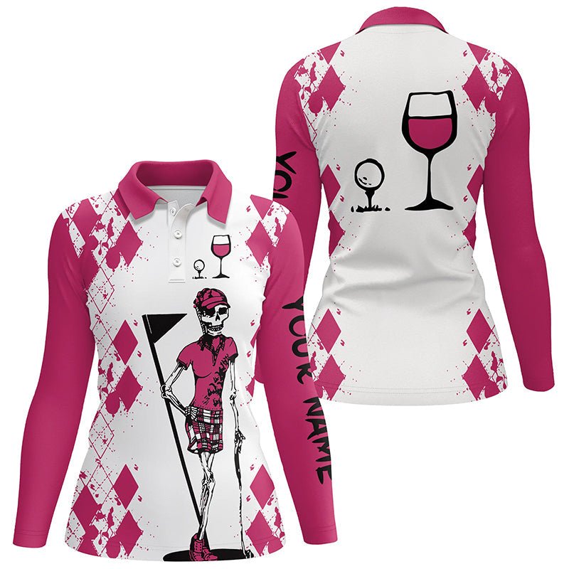 Damen Golfshirt mit Skull-Motiv in Weiß und Pink | Personalisiert mit Namen | Golf & Wein Damen Golf Polo Shirt N3451 - Climcat