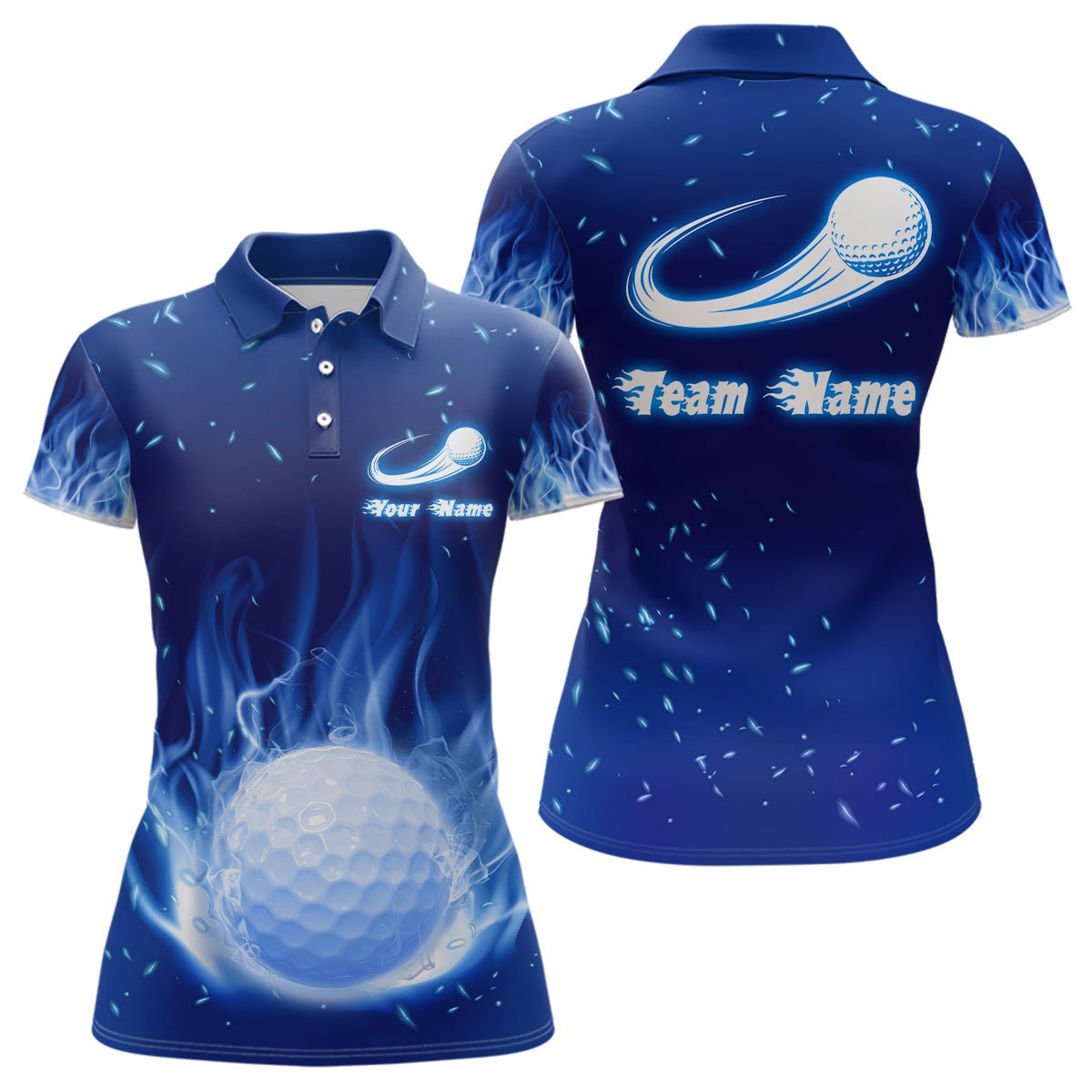 Damen Polo-Shirt mit blauem Feuerflammen-Golfball | Maßgeschneiderte Golfoberteile für Frauen | Personalisiertes Golfgeschenk | Professionelle Golfbekleidung L1064 - Climcat