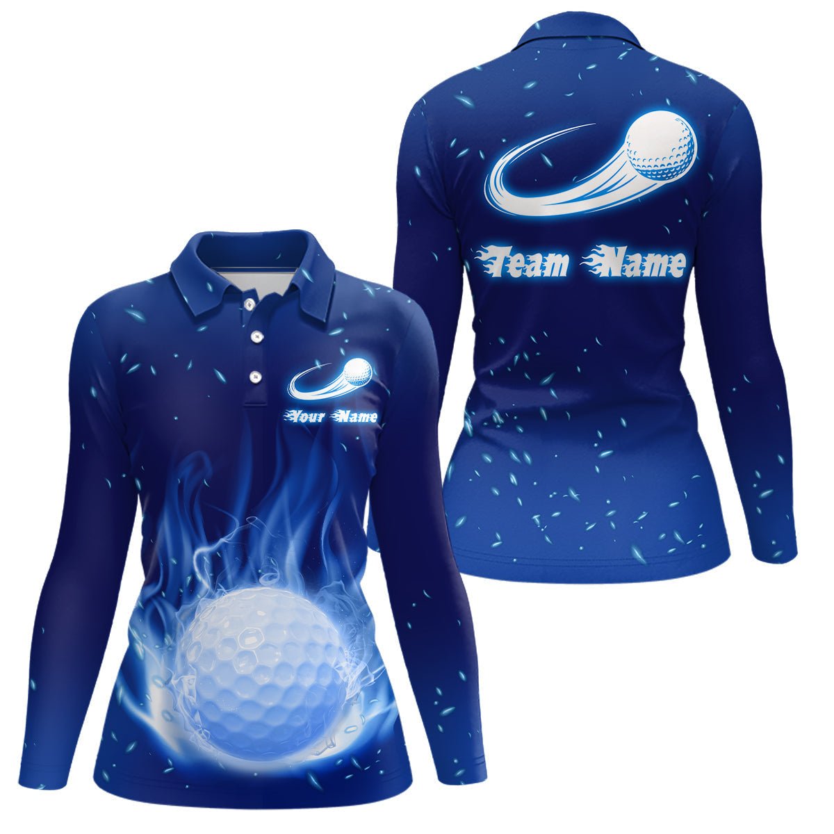 Damen Polo-Shirt mit blauem Feuerflammen-Golfball | Maßgeschneiderte Golfoberteile für Frauen | Personalisiertes Golfgeschenk | Professionelle Golfbekleidung L1064 - Climcat