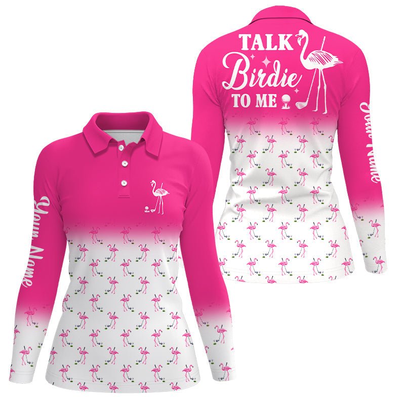 Elegantes Damen Golf Polo Shirt in Pink und Weiß mit individuellem Flamingo-Design - Sprechen Sie Birdie mit mir - Perfekt für Golfliebhaberinnen N6118 - Climcat