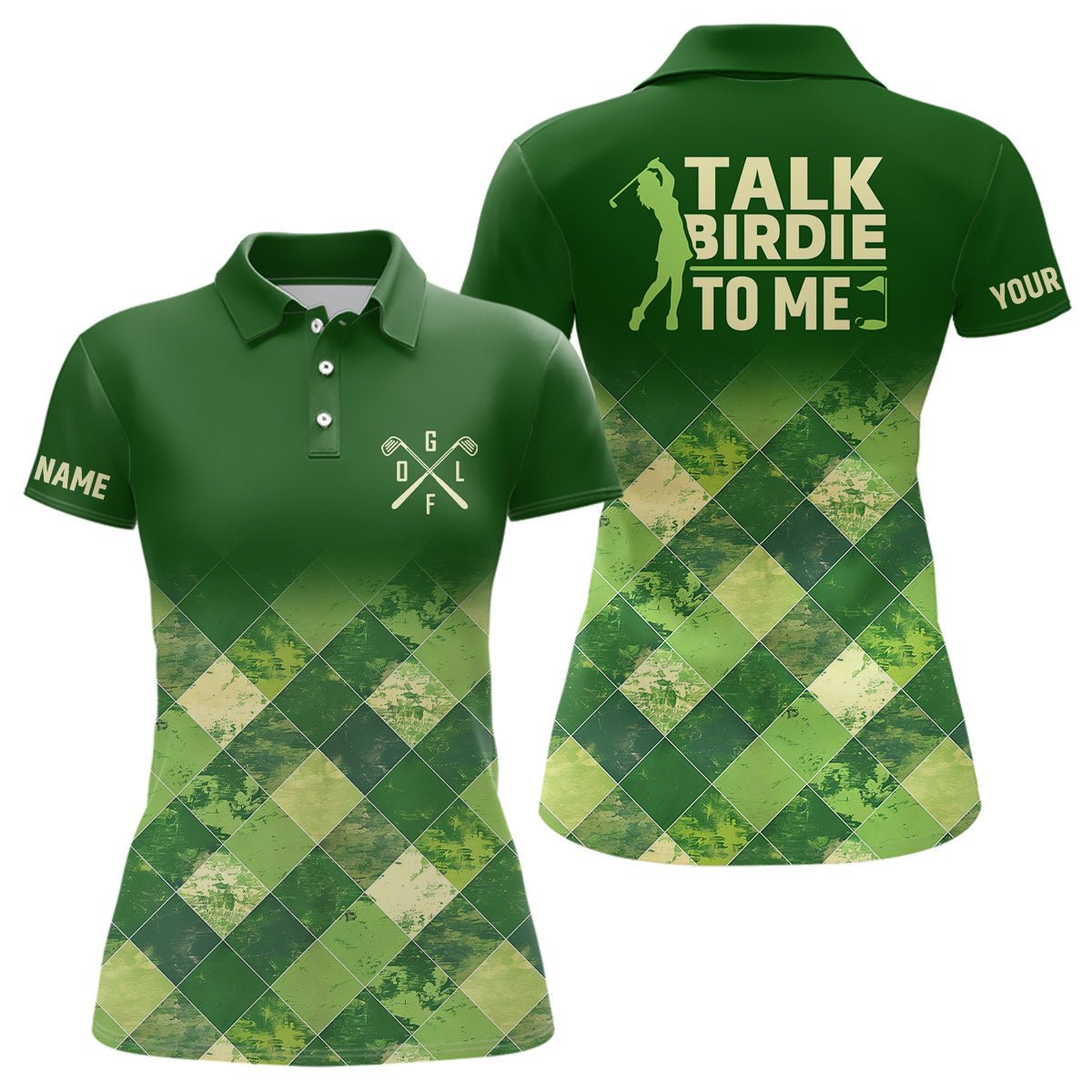 Elegantes Damen Golf Polo Shirt mit individuellem grünem Argyle-Muster - Sprechen Sie Birdie mit mir - Golfshirts für Damen N7374 - Climcat