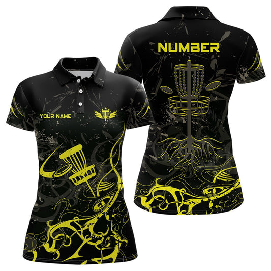 Gelbes Camouflage Schwarzes Damen Disc Golf Polo Shirt - Individuelles Disc Golf Korb Baum Personalisiertes Golf Geschenk TY2 - Climcat