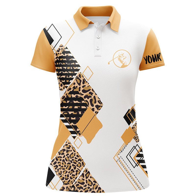 Gelbes Damen Golf Polo Shirt mit weißem Leopardenmuster - Personalisiertes Golfgeschenk für Frauen N3930 - Climcat